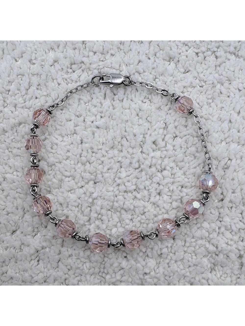 Pink AB Crystal Bead Bracelet Silver Tone